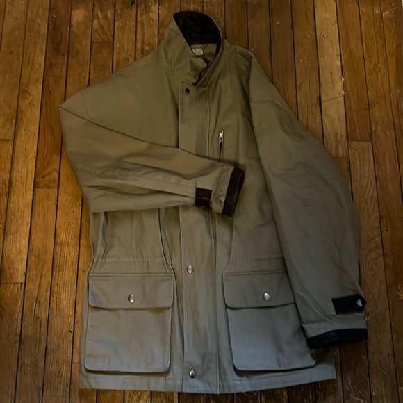 Leather trim heavy canvas tan jacket. Size Adult Large (L). - Picture 1 of 5